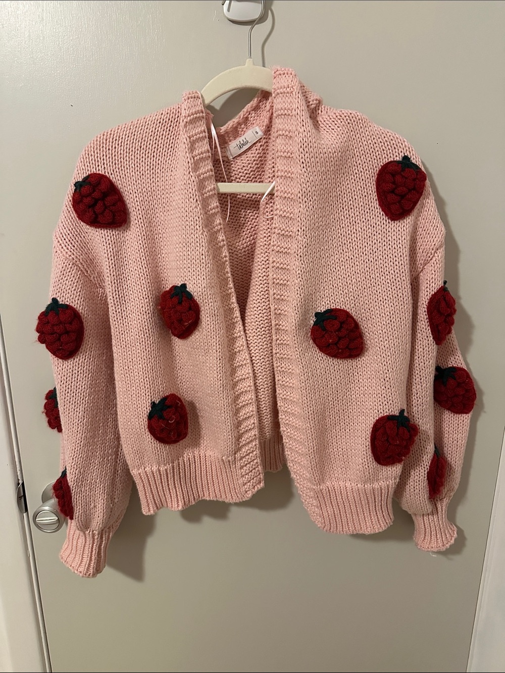 Talula Pink Open Cardigan with Red Strawberry Appliqués